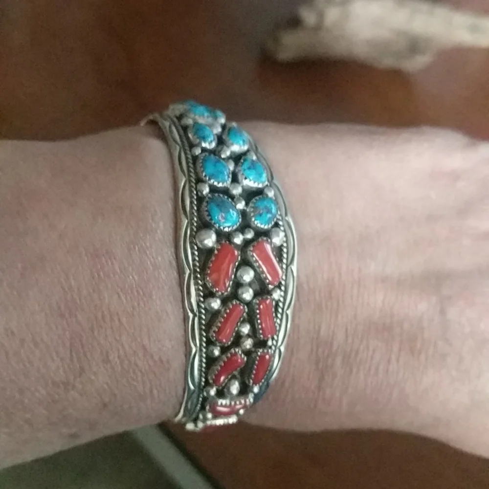 Native American Turquoise & Coral Stamped Cuff - Picture 1 of 10